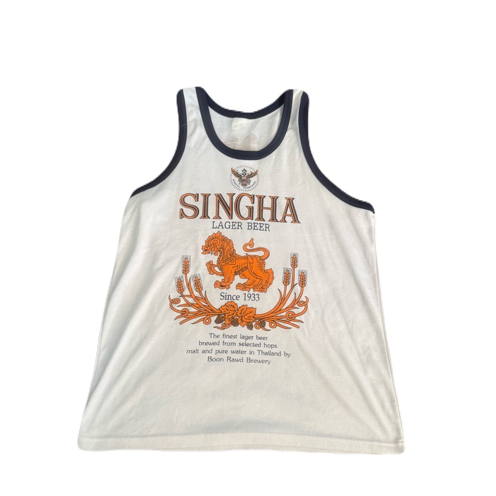Singha Lager Beer Shirt Mens White Sleeveless Graphic Logo Thailand